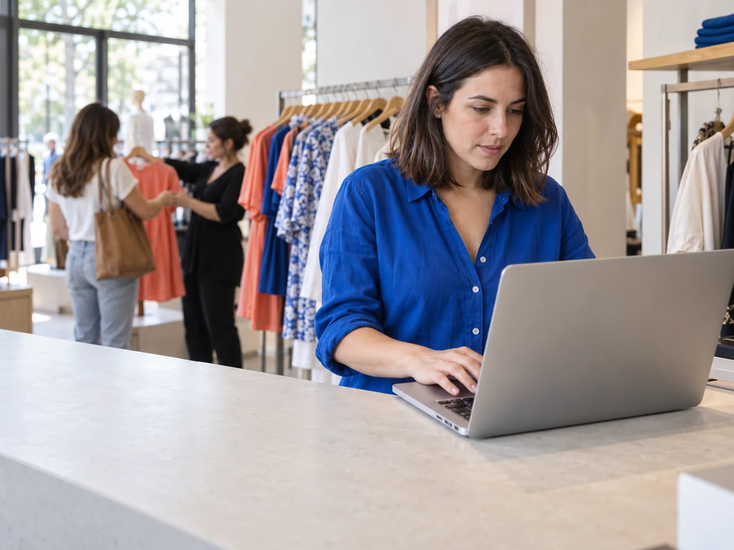 A shop team member works on a laptop while a colleague helps a customer.