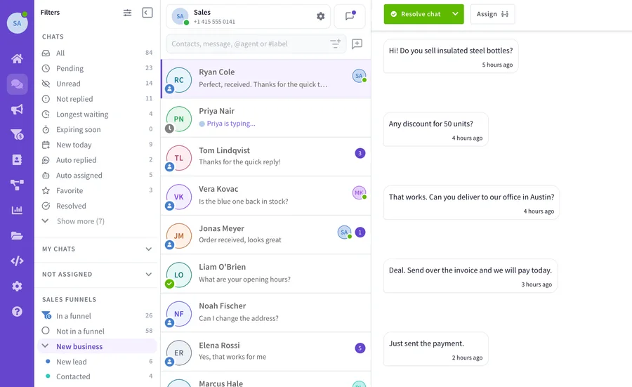 WhatsApp inbox with conversations and assignments, provided under a reseller's brand.