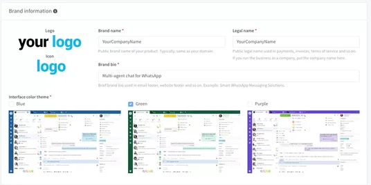Brand settings in the reseller panel: name, logo and color themes.