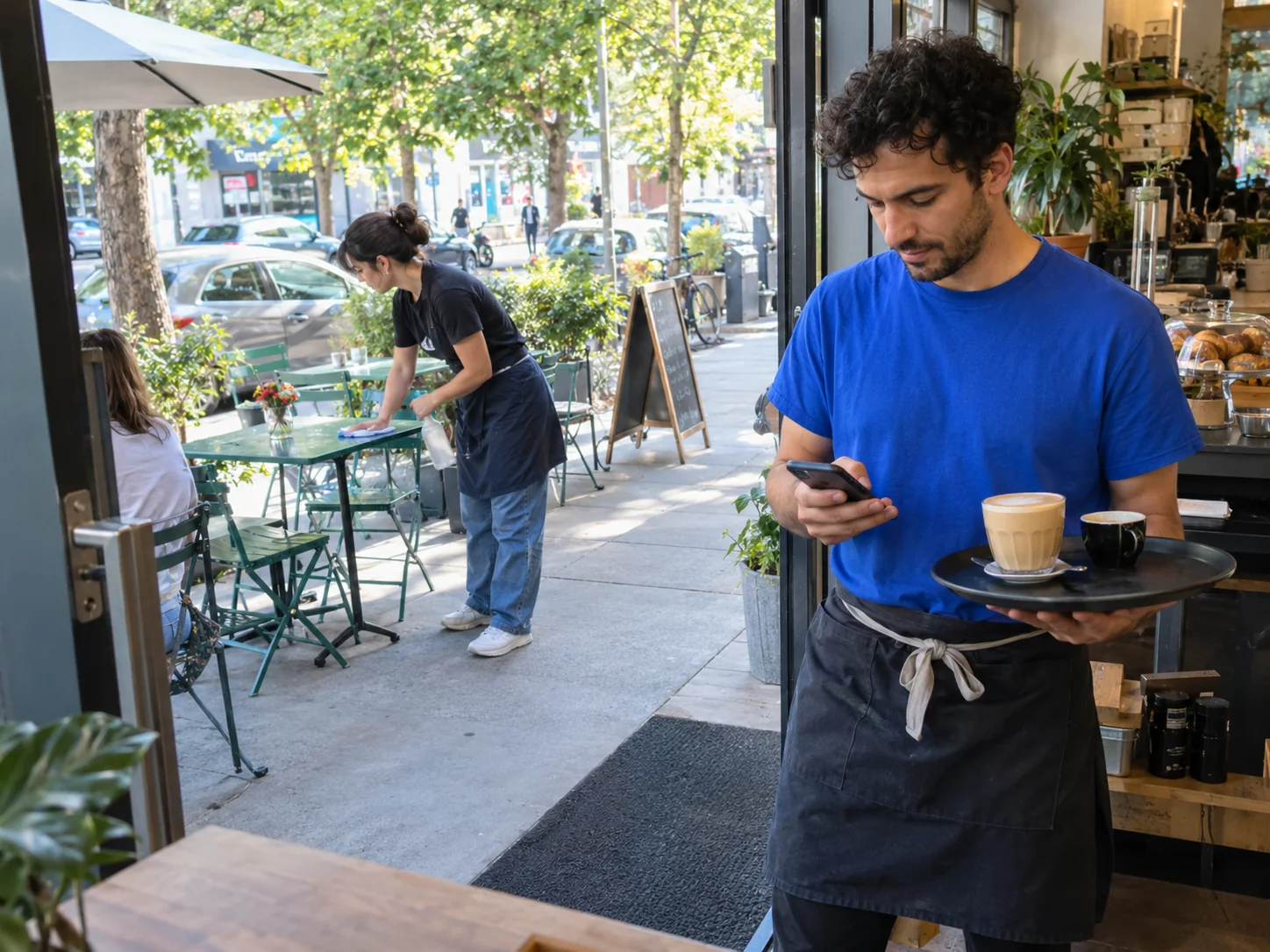 A person checks their phone while serving coffees, with a coworker tending the outdoor tables.