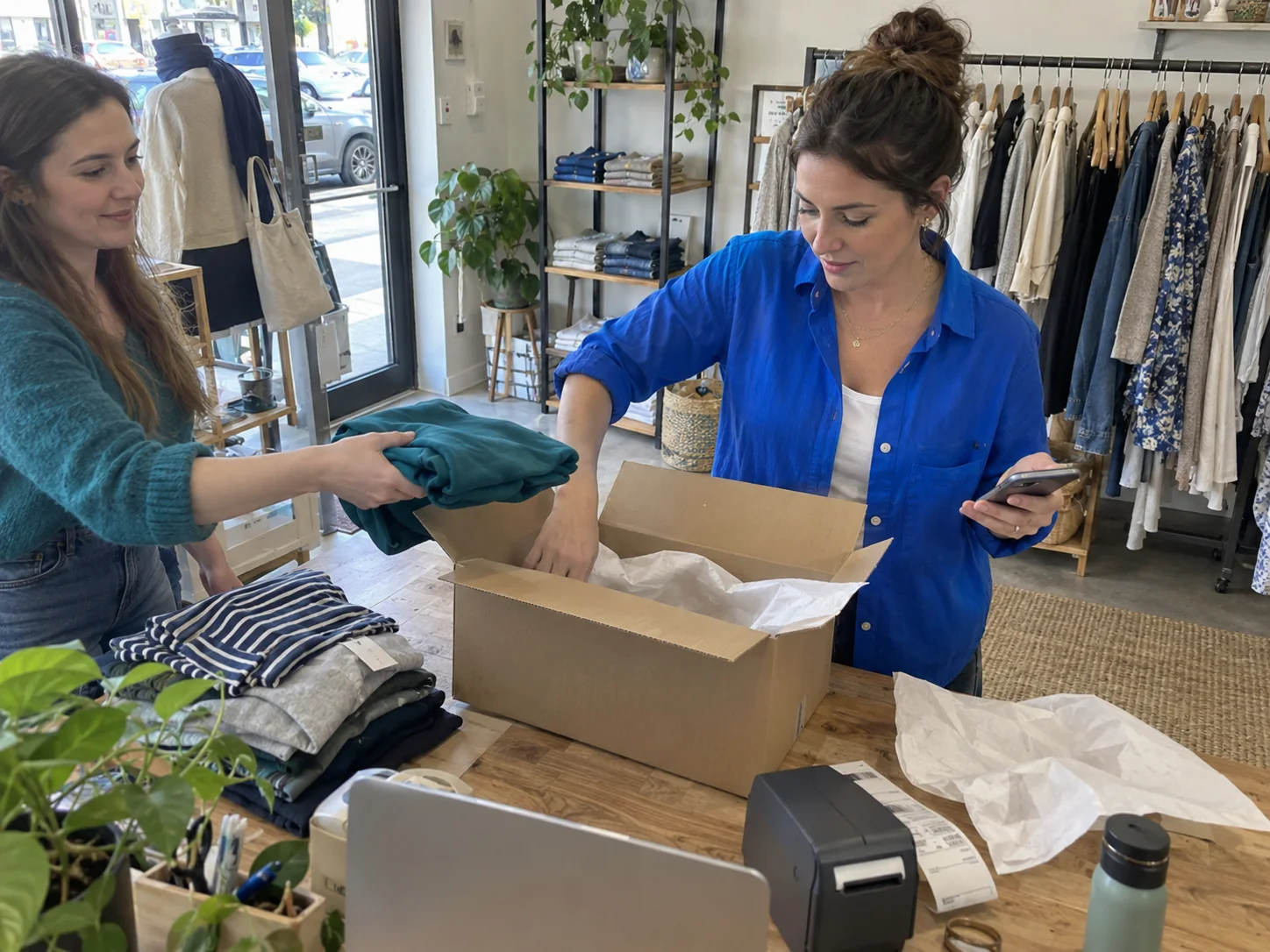 Two colleagues pack an order in a clothing shop.
