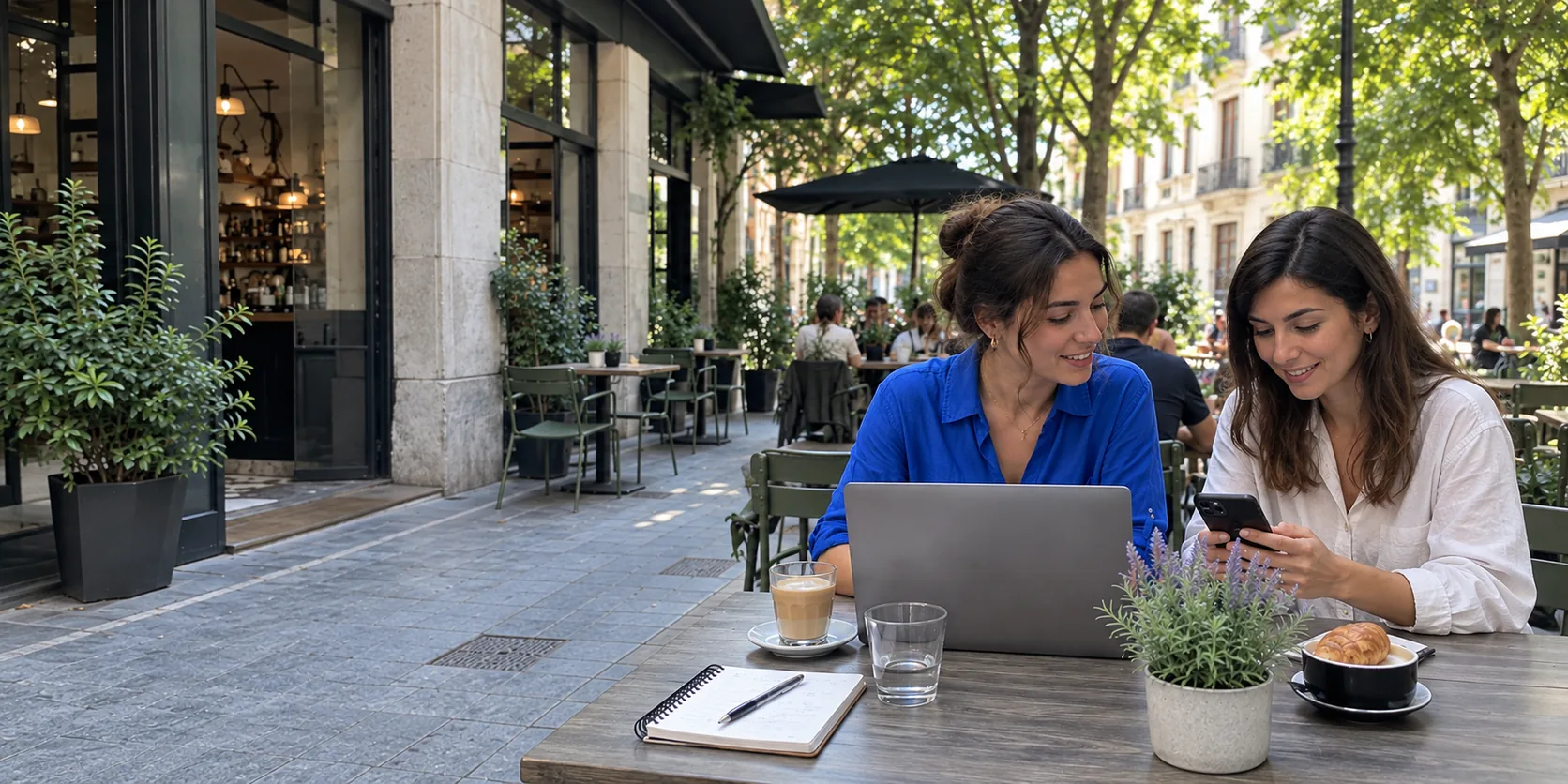 Two professionals share a recommendation beside a laptop on a terrace.